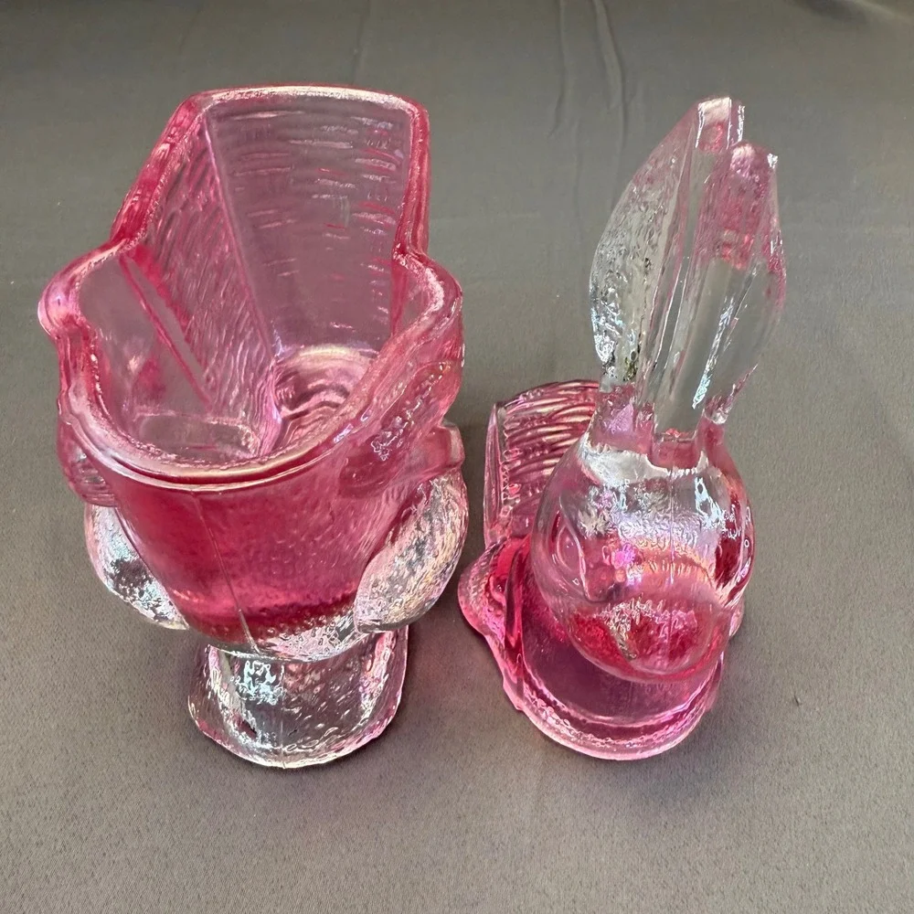 Vintage Pink Glass Bunny Rabbit Basket Candy Dish Heavy Easter Cottagecore Decor